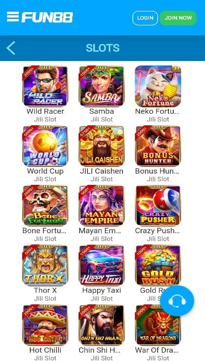 A selection of slots at the Fun88 mobile casino