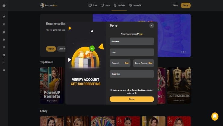 Signing up for an account at Fortune Jack