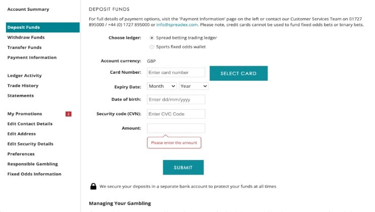 Entering card details at Spreadex