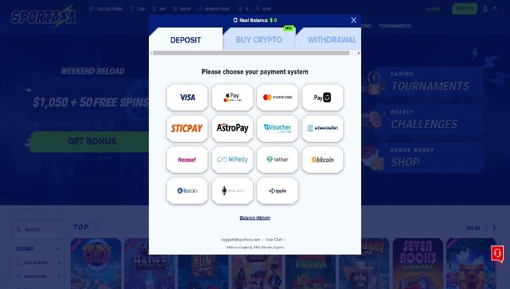 The selection of payment methods available at Sportaza