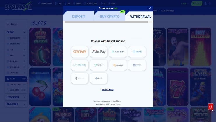 Choosing a withdrawal method from the Sportaza cashier