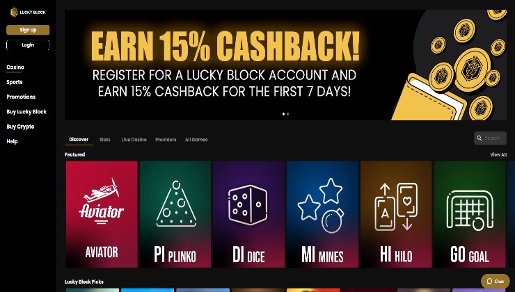 The homepage of the Lucky Block online casino site