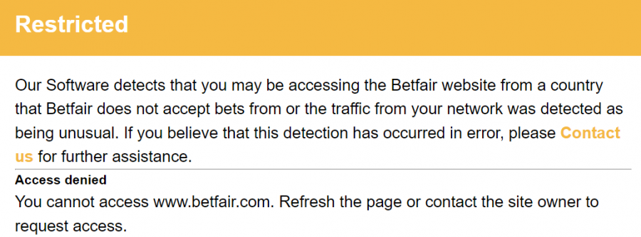 Betfair's geo-restriction message