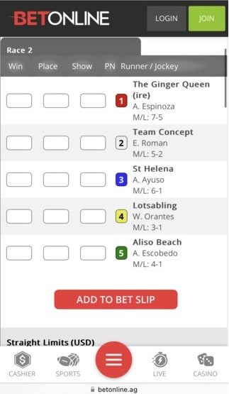 BetOnline mobile racebook