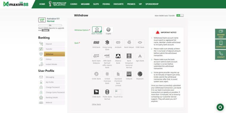 Maxim88 singapore - withdrawal