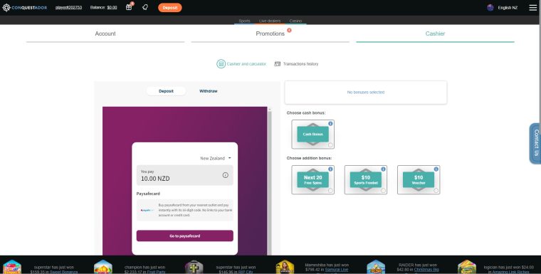 paysafecard casinos NZ - Conquestador deposit