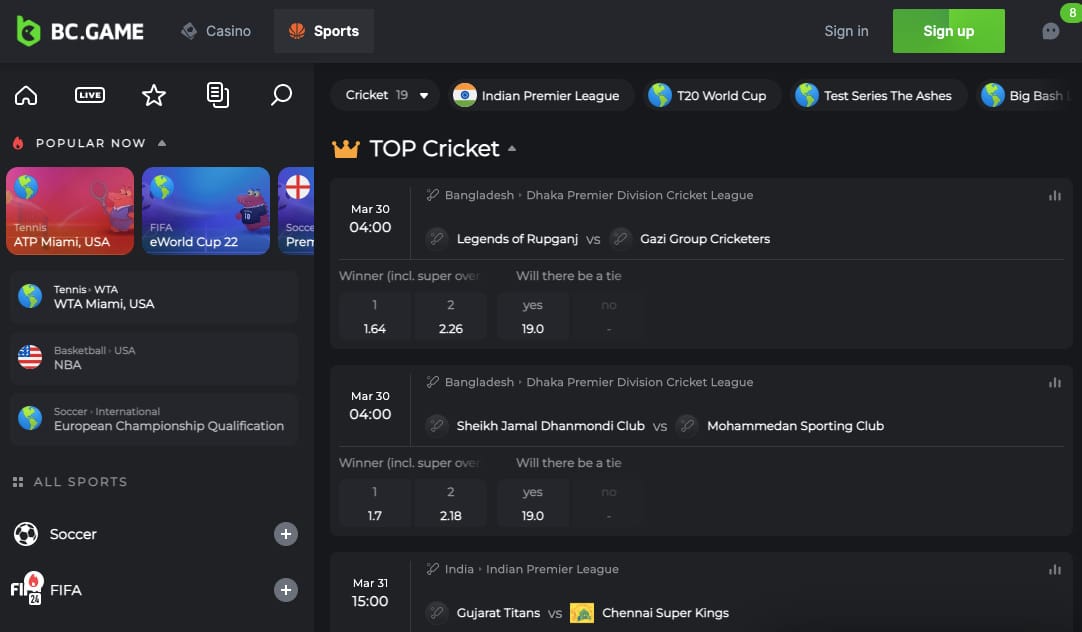 BC Game cricket odds