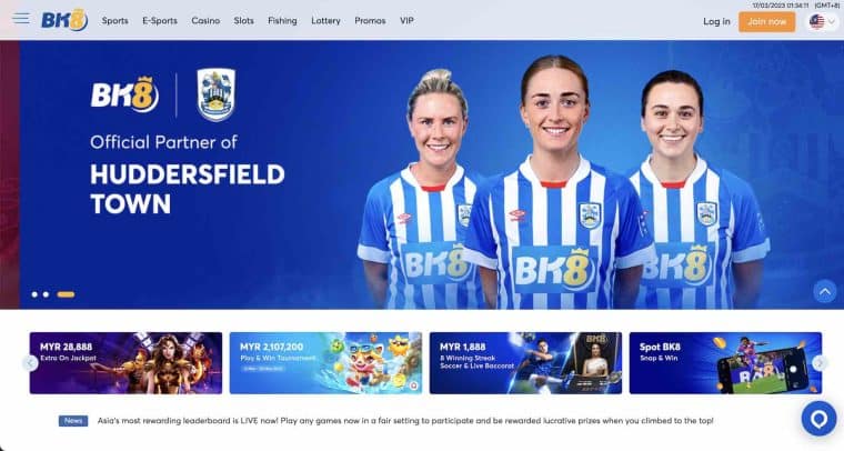 Screenshot of BK8 homepage showing four different promotions and the fact they are official partners of Huddersfield Town WFC