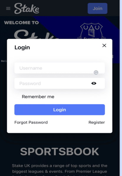 Stake UK Login Page