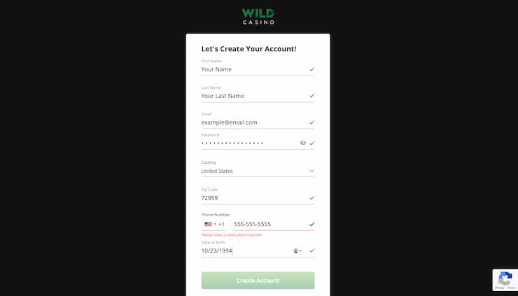 Wild Casino Mastercard Casino registration step 2