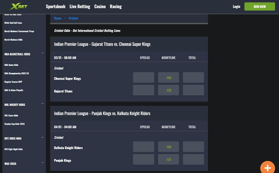 XBet IPL odds