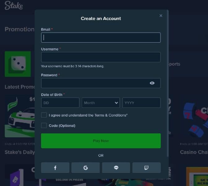stake casino sign up form