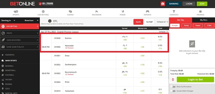 BEtOnline EPL Vig on a 3-Way Outcome