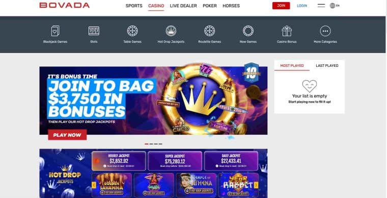 Bovada casino main page