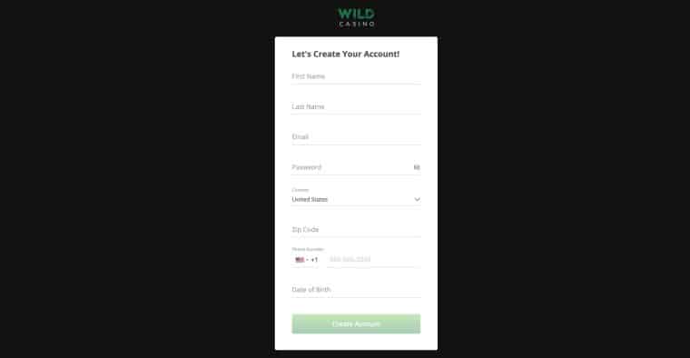 Create an account page at Wild Casino