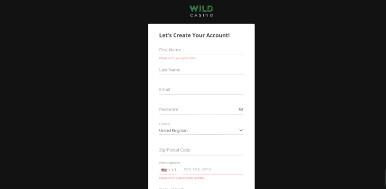 Wild Casino Sign Up Form