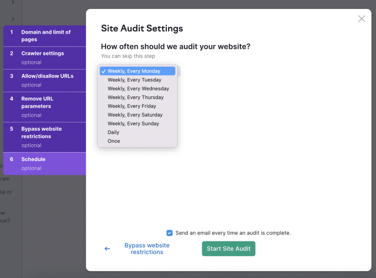 Semrush Site Audit schedule