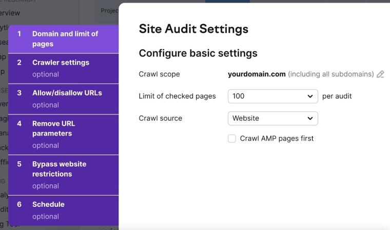 Semrush site audit settings