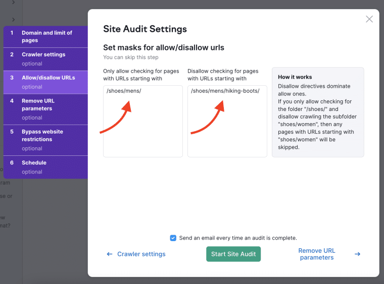 Semrush Site Audit allow disallow