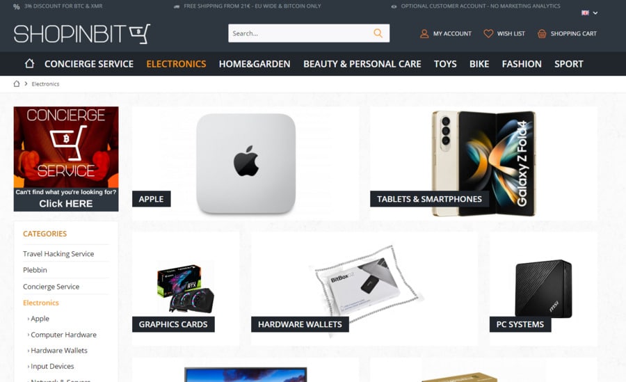 ShopinBit offers various products, including electronic goods