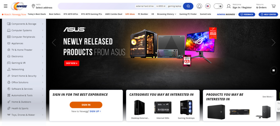 Newegg sells computers, computer hardware and software.