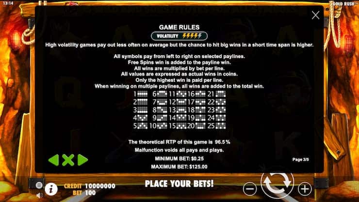 Gold Rush Slots paylines