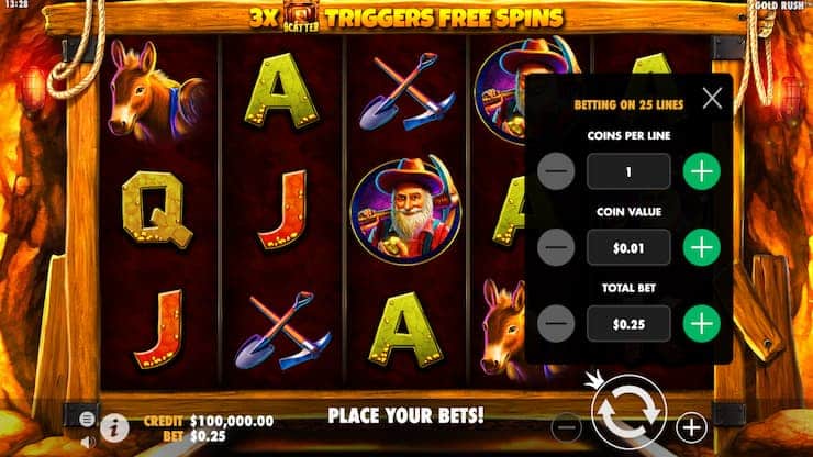 Gold Rush Slots setting the coin value