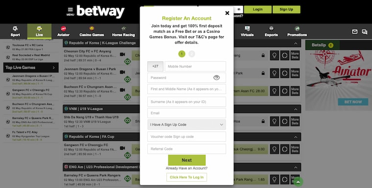 Register at Betway Casino Step 2