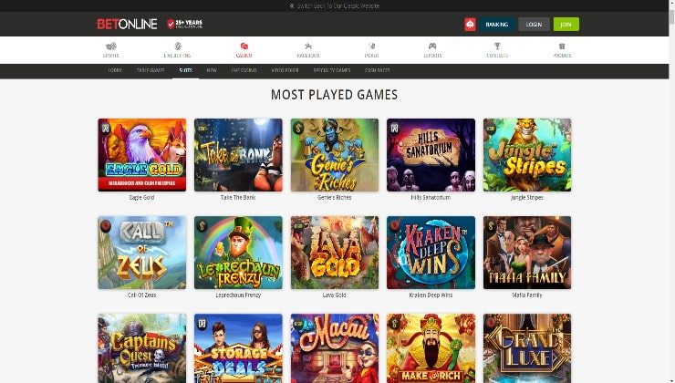 A selection of the slot games available at BetOnline casino