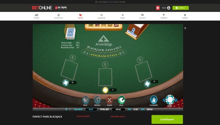 Blackjack Perfect Pairs in operation at BetOnline