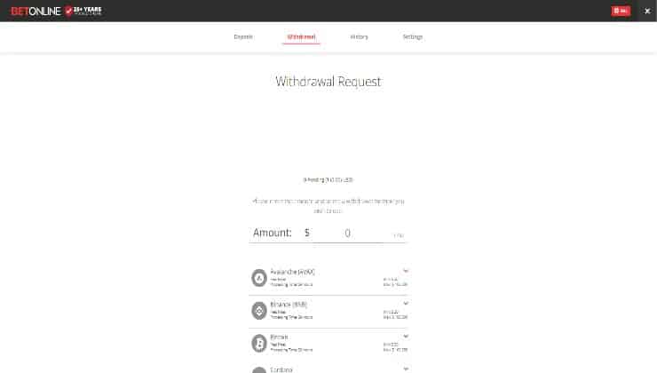 Requesting a withdrawal from an account at BetOnline