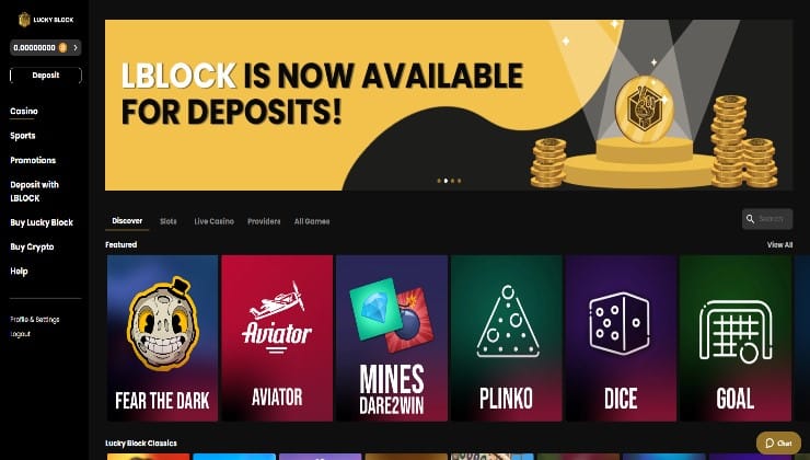 The homepage of the Lucky Block online casino