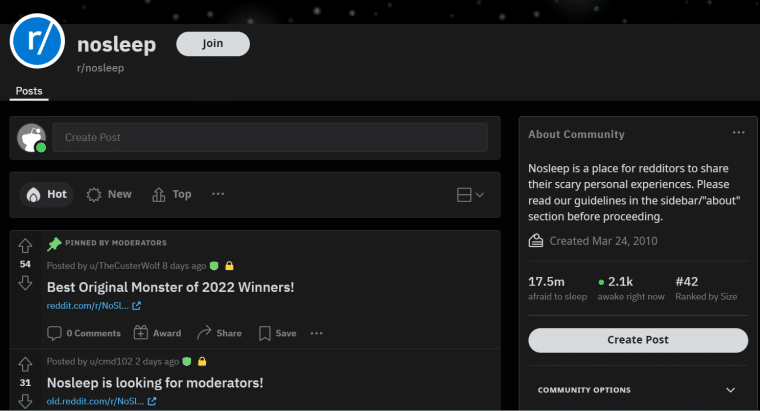 /r/nosleep subreddit page