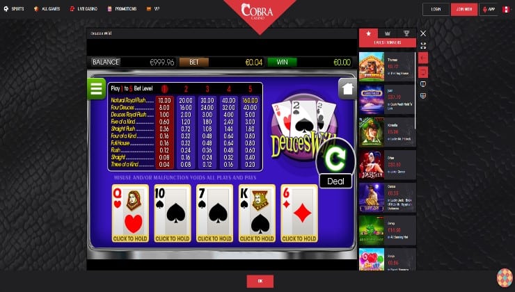 Deuces Wild video poker on offer at Cobra Casino