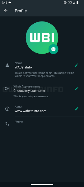 wabeta screenshot of the username feature