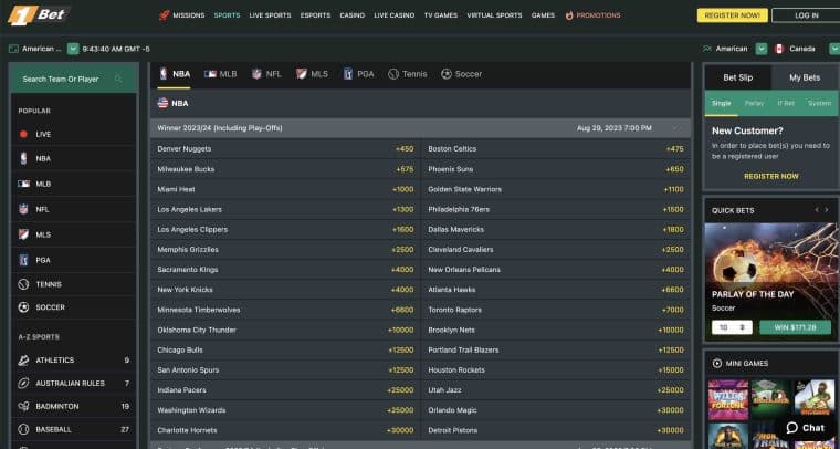 A screenshot of the 1Bet Canada sportsbook homepage