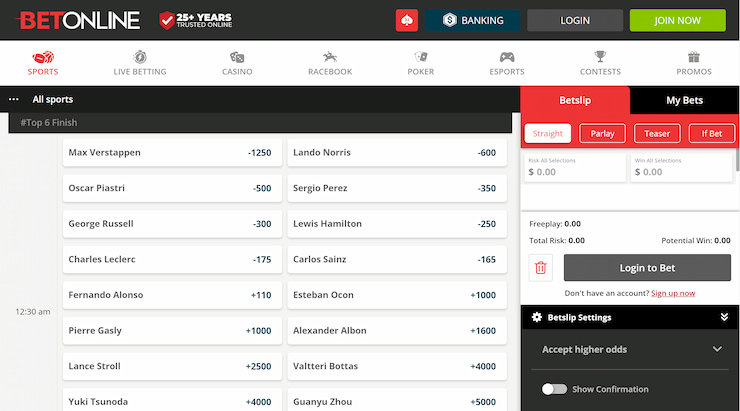 f1 top 6 finish wagering