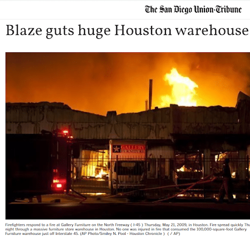 screenshot from article about houston warehouse on fire 