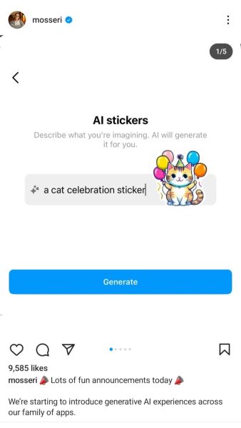 Adam Mosseri's Instagram post showing a generative AI sticker for the prompt "a cat celebration sticker"