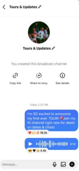 Screenshot of a broadcast channel called "Tours and Updates" where the creator shared a text message and a voice note