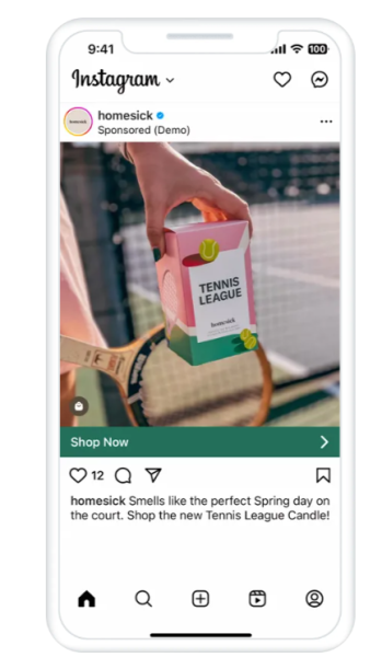 Instagram Shop ad of the candle brand Homesick, showcasing its products with a green "shop now" button at the bottom