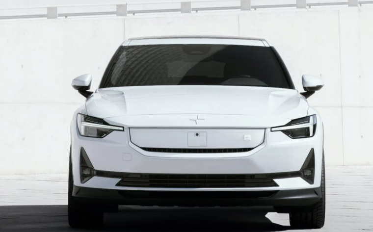 A Polestar white electric car against a white background. 