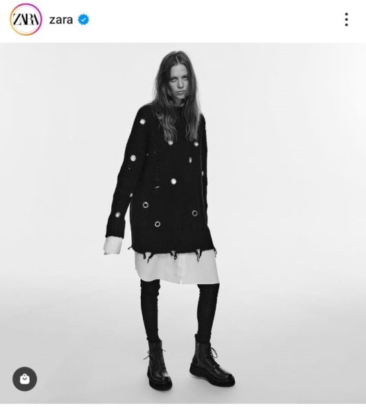 Zara's Instagram post showing a woman wearing a black sweater. Users can buy the sweater from Zara by clicking on the shoppable tag