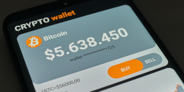 A crypto wallet display showing amount of bitcoins available.