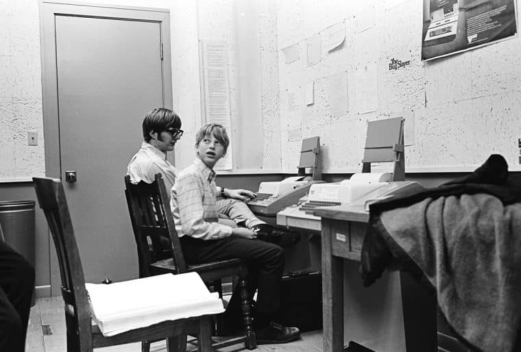 Paul Allen (left) and Bill Gates (right) using a teletype machine at Lakeside School in 1970