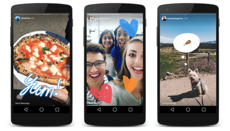 Three Instagram stories side by side, showing photos of a pizza, a friend group, and a dog, respectively
