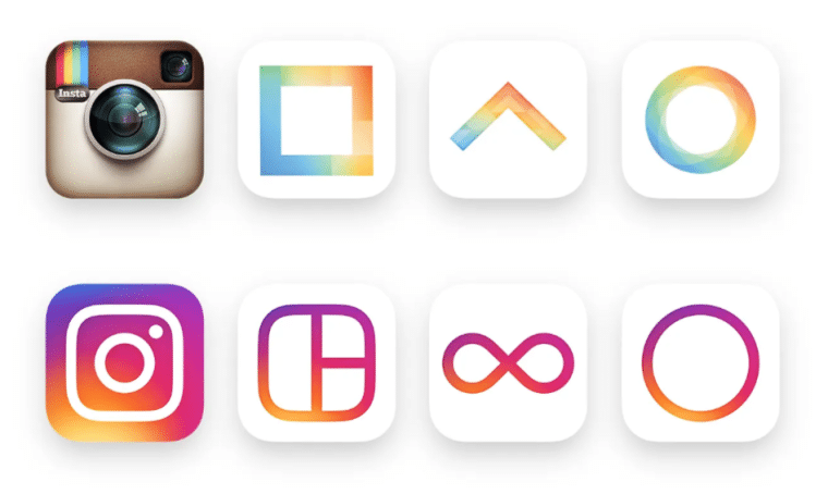 Old and new logos of the Instagram app, Layout, Boomerang, and Hyperlapse