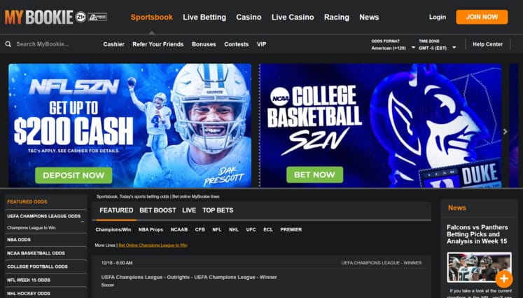 A screenshot of the MyBookie Sportsbook Homepage