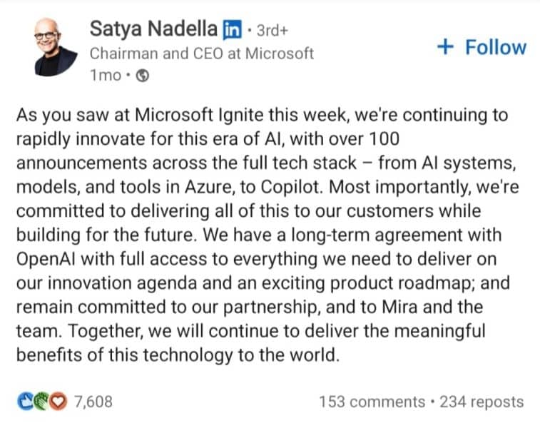 Satya Nadella LinkedIn post