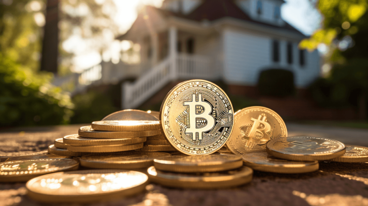 bitcoins on a porch in front of a house